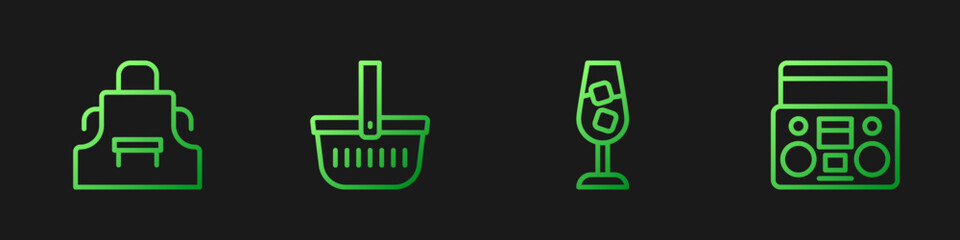 Fototapeta premium Set line Wine glass, Kitchen apron, Picnic basket and Home stereo with two speakers. Gradient color icons. Vector