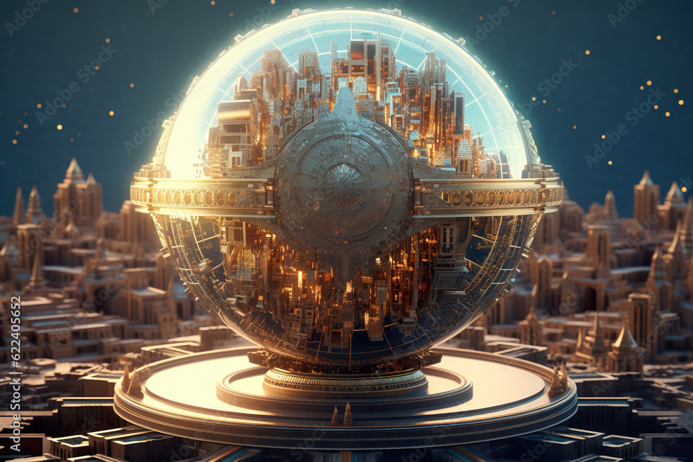Poster a sphere with a city in the middle of it. generative ai.
