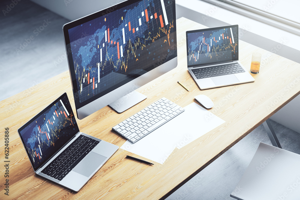 Poster modern computer display with abstract financial graph with world map, financial and trading concept.