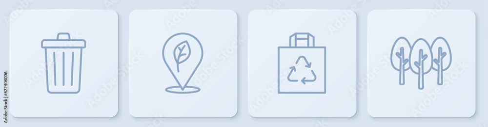 Poster set line trash can, shopping bag with recycle, location leaf and tree. white square button. vector