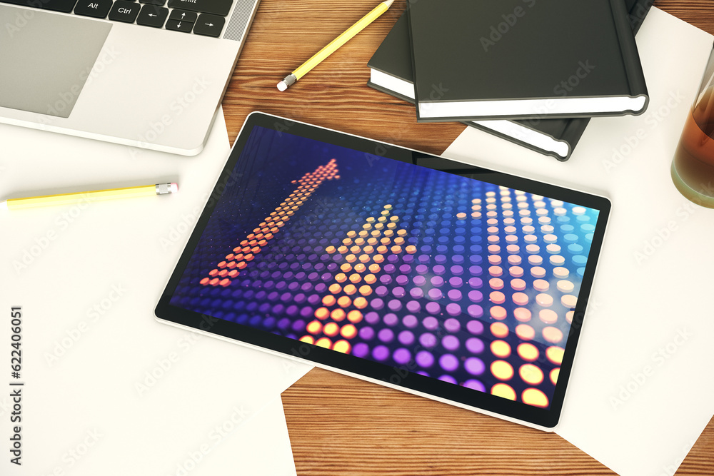 Poster top view of modern digital tablet monitor with creative abstract upward arrows hologram. ambition an