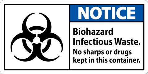 Notice Label Biohazard Infectious Waste, No Sharps Or Drugs Kept In This Container