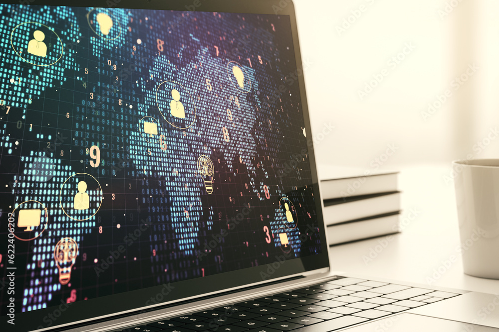 Fototapete Modern computer screen with social network icons concept and world map. Networking concept. 3D Rendering
