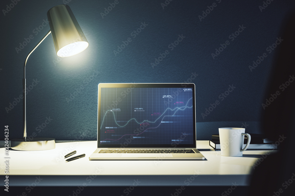 Poster stats data illustration on modern laptop monitor, computing and analytics concept. 3d rendering