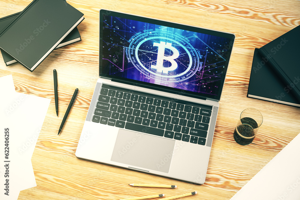Poster creative bitcoin concept on modern laptop screen. 3d rendering