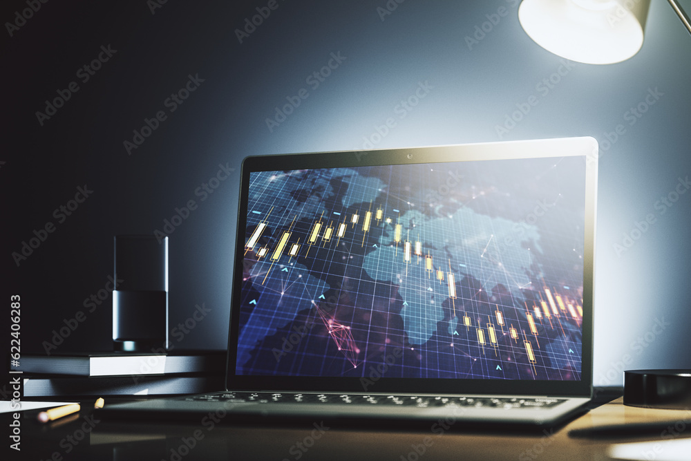 Poster modern computer monitor with abstract creative financial chart with world map, research and strategy