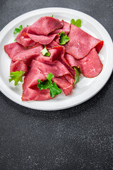 pastrami meat fresh veal juicy beef meal food snack on the table copy space food background rustic top view