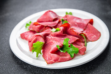 pastrami meat fresh veal juicy beef meal food snack on the table copy space food background rustic top view