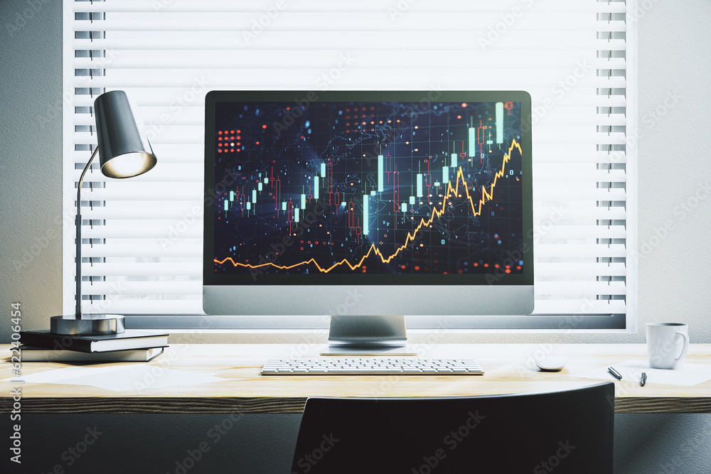 Poster modern computer screen with abstract creative financial chart, research and analytics concept. 3d re