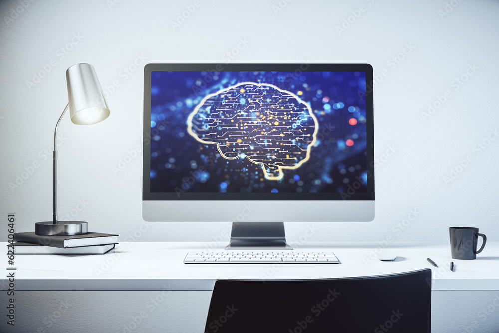 Aufkleber creative artificial intelligence concept with human brain sketch on modern laptop monitor. 3d render