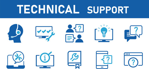 IT support vector illustration. Blue concept with icons related to IT helpdesk, hotline or helpline, remote or online tech support, technical assistance, specialist software support.