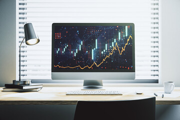 Modern computer screen with abstract creative financial chart, research and analytics concept. 3D Rendering