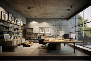 Modern home office with big window. Living room with workplace, minimalism and scandinavian style. Created with Generative AI