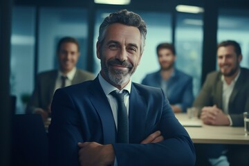Naklejka na ściany i meble Smiling mature businessman sitting with colleagues in the office. CEO Executive manager. Generative AI
