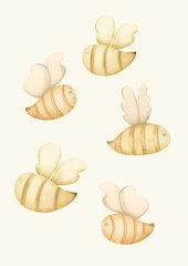 poster with cute bees on a light background, textured bees for a children's room, art with bees