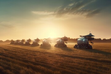 Fototapeta premium Group of agricultural robots working in a sun-drenched field. Generative AI