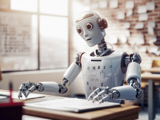 Fototapeta Roboter arbeitet am Schreibtisch, lernt zu denken wie ein Mensch, High-Tech-Roboterkonzept, Generative AI obraz