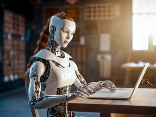 Weiblicher Roboter arbeitet am Computer,  lernt zu denken wie ein Mensch, High-Tech-Roboterkonzept, Generative AI - obrazy, fototapety, plakaty