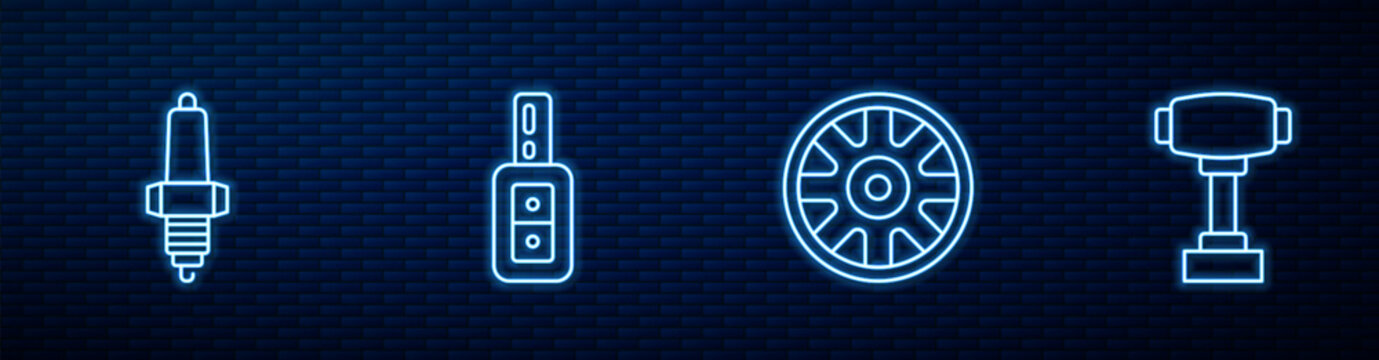 Set line Alloy wheel for car, Car spark plug, key with remote and Gear shifter. Glowing neon icon on brick wall. Vector