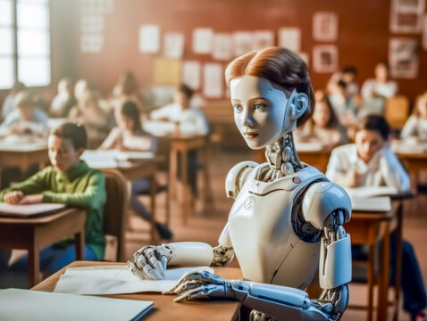 KI ersetzt Lehrer. Futuristischer weiblicher Roboter, der in der Schule arbeitet und als Vertretungslehrer im Klassenzimmer unterrichtet, Generative AI