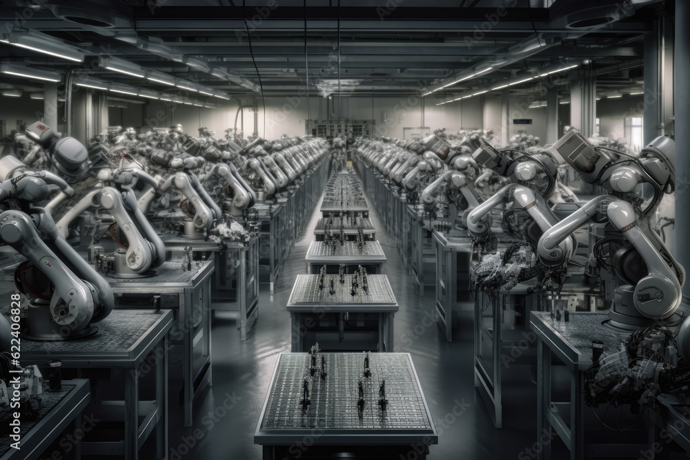 Poster group of robots working together in a factory. generative ai