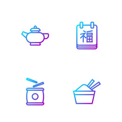 Set line ice in a bowl with chopstick, Chinese drum, tea ceremony and New Year. Gradient color icons. Vector