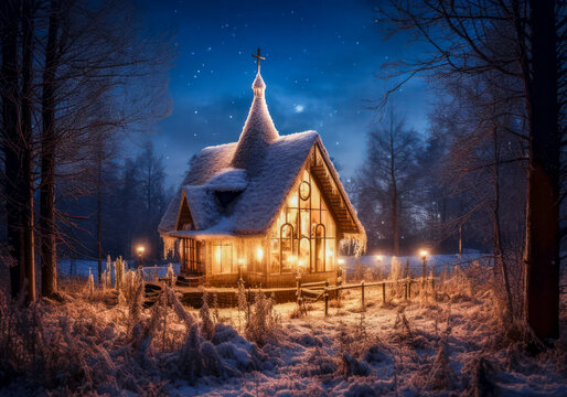 Eine kleine beleuchtete Kirche bei Nacht im Winter, Generative AI