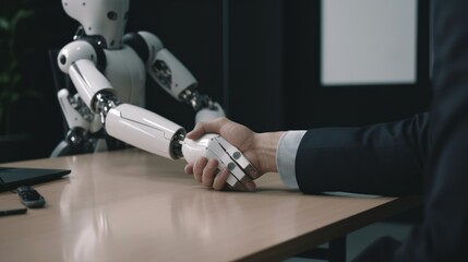 Man human sitting with robot behind the table, shaking hands, on job interview or negotiations with artificial intelligence. Cooperation, collaboration or partnership between human and robot concept.