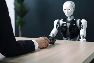 Man human sitting with robot behind the table, shaking hands, on job interview or negotiations with artificial intelligence. Cooperation, collaboration or partnership between human and robot concept.