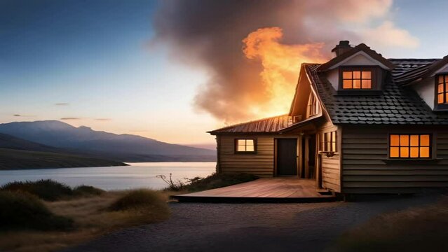 The condition of houses in rural areas on fire and moving smoke objects destroy houses, good for news content, social media, websites, businesses etc