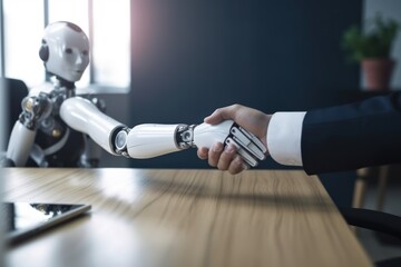 Man human sitting with robot behind the table, shaking hands, on job interview or negotiations with artificial intelligence. Cooperation, collaboration or partnership between human and robot concept.