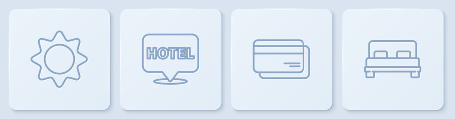 Set line Sun, Credit card, Location hotel and Big bed. White square button. Vector