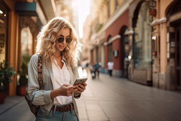 Young woman using her cellphone on a city street
