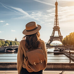 Woman traveller in Paris France looks out at the Eiffel Tower