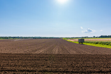 Fields of rural lands, seedlings of agro culture, plowed land with a pliva system.