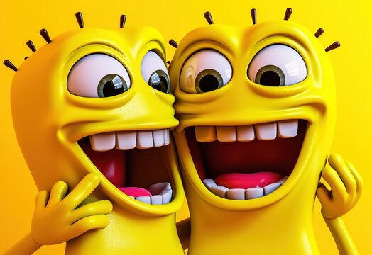 Portrait of a two crazy emoji friends. Happy and laughing emoticon. Social media and communications concept. Facial expression. Generative AI illustration for poster, cover, brochure or presentation.
