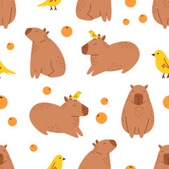 Vector seamless pattern with funny capybaras, mandarins and birds. Background with amusing capibaras. Cute capybaras relaxing with mandarin oranges. South American adorable animal pattern.
