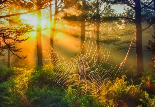 Altweibersommer, mit Tau bedecktes Spinnennetz im Morgenlicht, Herbst, Generative AI