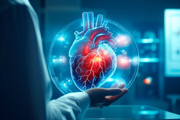 The doctor looks at the Heart hologram, checks the test result on the virtual interface, and analyzes the data. Heart disease, myocardial infarction, innovative technologies, medicine of the future. - obrazy, fototapety, plakaty