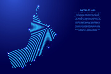 Oman map from futuristic concentric blue circles and glowing stars for banner, poster, greeting card