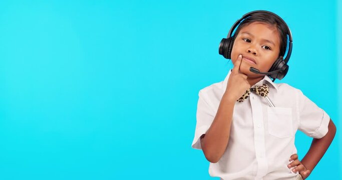 Child, call center and thinking of telemarketing, customer service or support on blue background space. Girl, idea and problem solving for solution while play pretend of dream job or career in studio