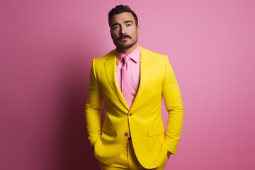 Confident handsome Caucasian stylish man professional guy male model in trendy yellow suit with mustache businessman CEO isolated against pink wall background backdrop style fashion business success