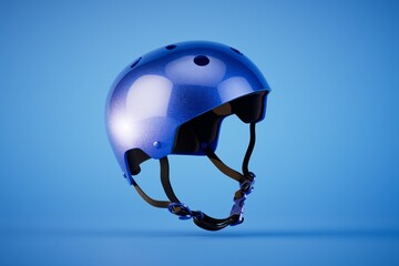 A protective blue sports helmet isolated on blue background. 3d render