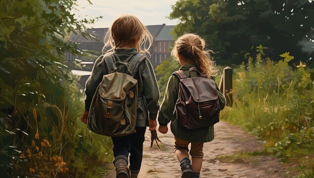 two girls walking together in nature park, Generative Ai