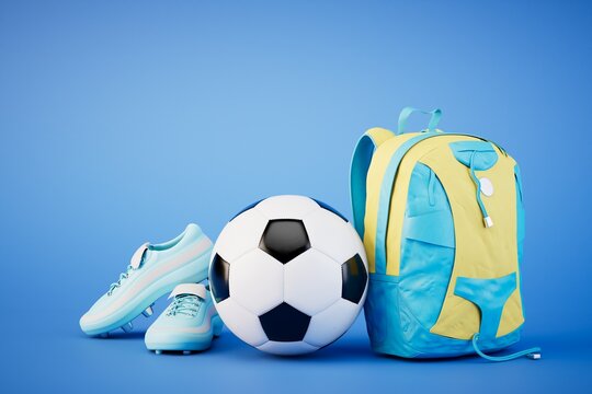 school football team. Football shoes, a ball and a backpack on a blue background. 3D render
