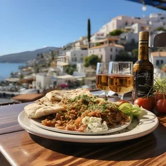 Crédence de cuisine en verre imprimé Athènes Souvlaki delicious food in the background of the beautiful greek coast