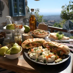 Gordijnen Souvlaki delicious food in the background of the beautiful greek coast © Krystian