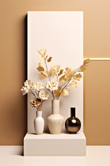 Three vases with flowers in them on a shelf. Monochromatic natural beige and golden color shades. Generative AI.