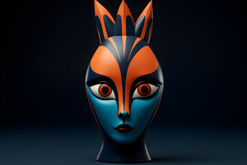Crafts, handmade mask of indigenous appearance, with intense colors on a plain blue background and volumetric lighting.