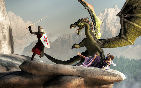 In this fantasy scene, a knight wearing mail armor and a bucket helmet with his sword and shield raised charges at a dragon that has abducted a princess to a high cliff. 3D Rendering